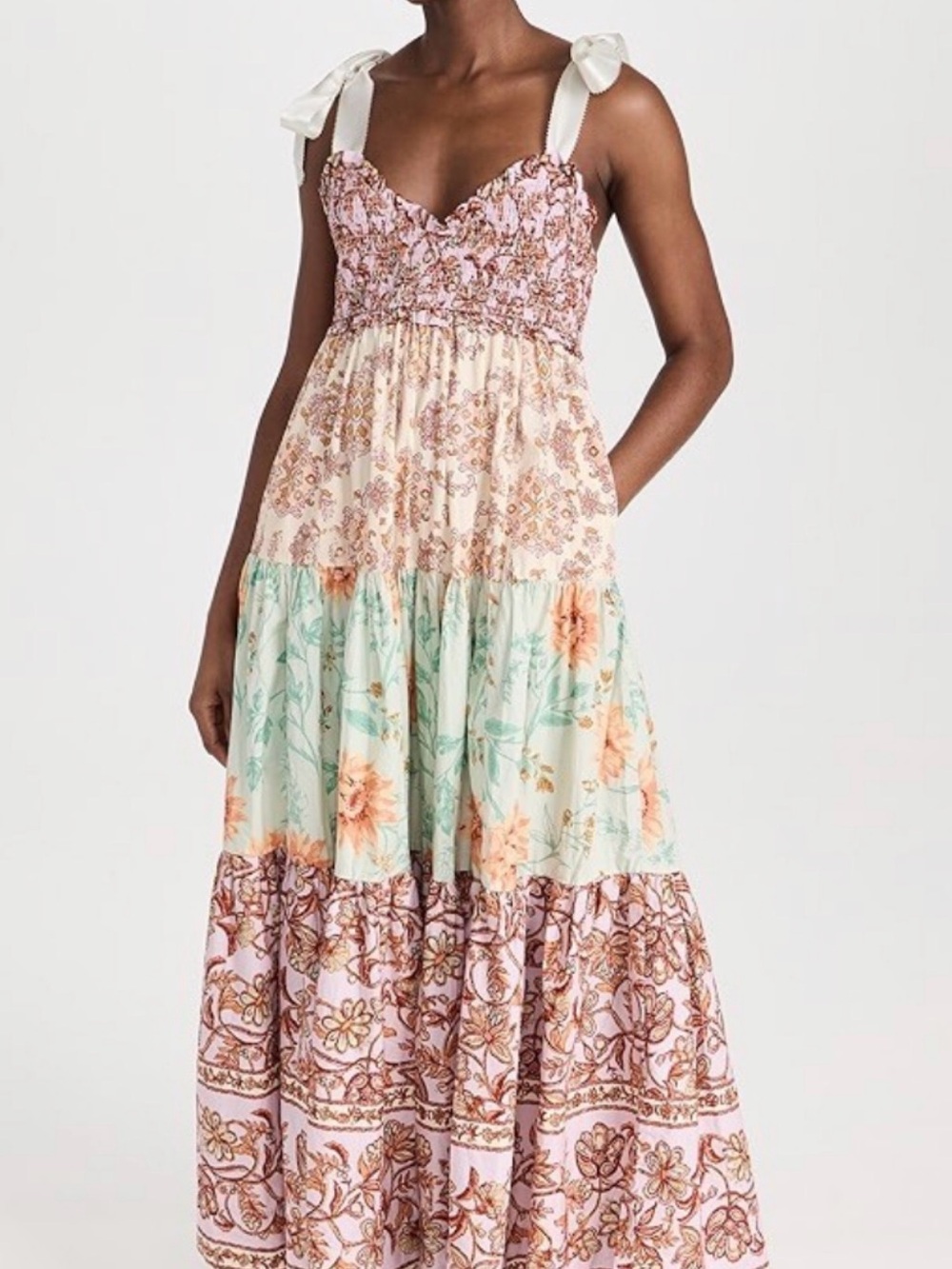 Free People Floral Tiered Maxi Dress in Pink, Mint and Peach